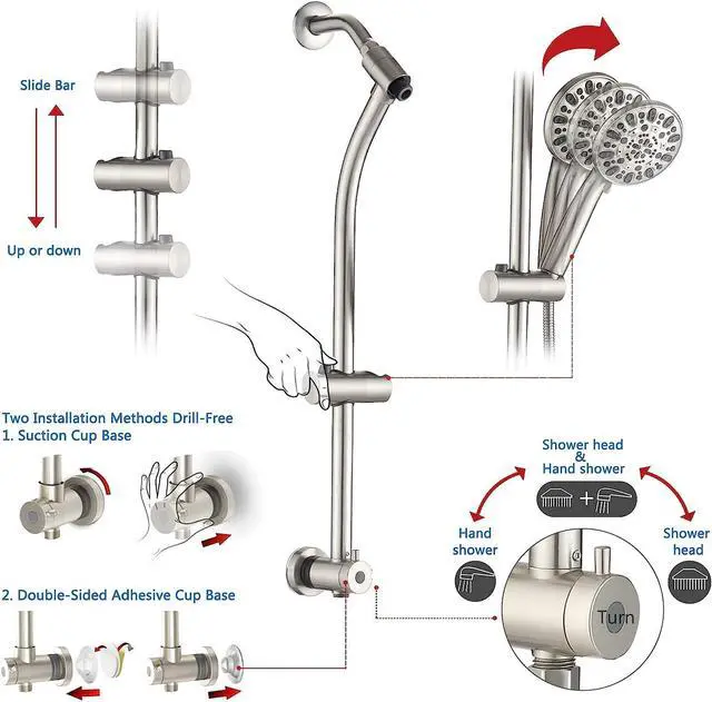 Alt view image 3 of 7 - High Pressure 48-Settings Shower Head with Handheld Shower,Drill-Free 3-Way Diverter for Easy Reach,Adjustable Height Slide Bar Dual Shower Head Combo Set - Brushed Nickel