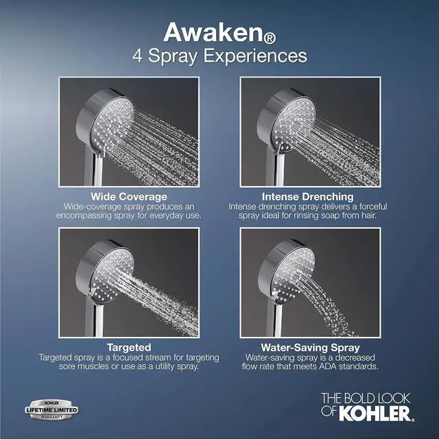Alt view image 3 of 4 - KOHLER 99243-G-BN Awaken Deluxe 3-Function Handshower Kit, Handheld Shower Head with 24" Slidebar and 60" Hose, 1.75 GPM, Brushed Nickel