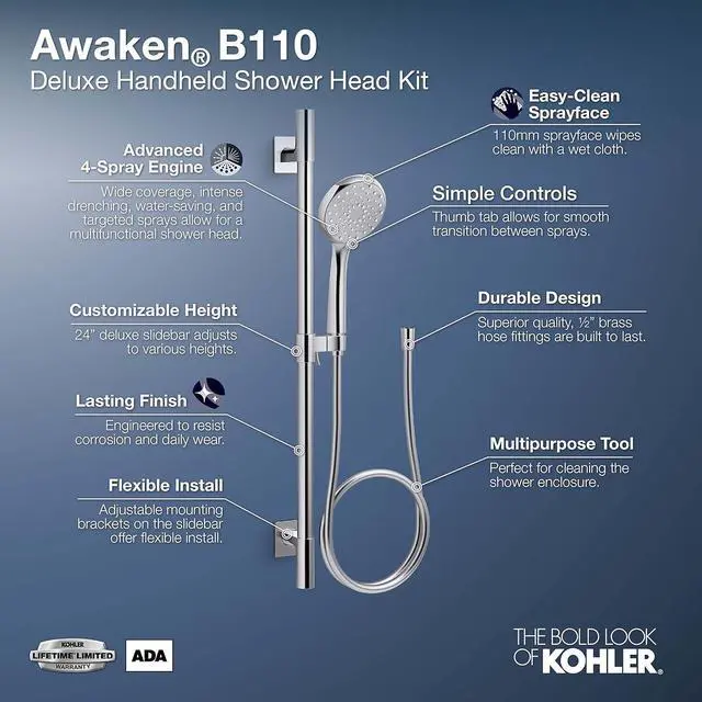 Alt view image 4 of 4 - KOHLER 99243-G-BN Awaken Deluxe 3-Function Handshower Kit, Handheld Shower Head with 24" Slidebar and 60" Hose, 1.75 GPM, Brushed Nickel