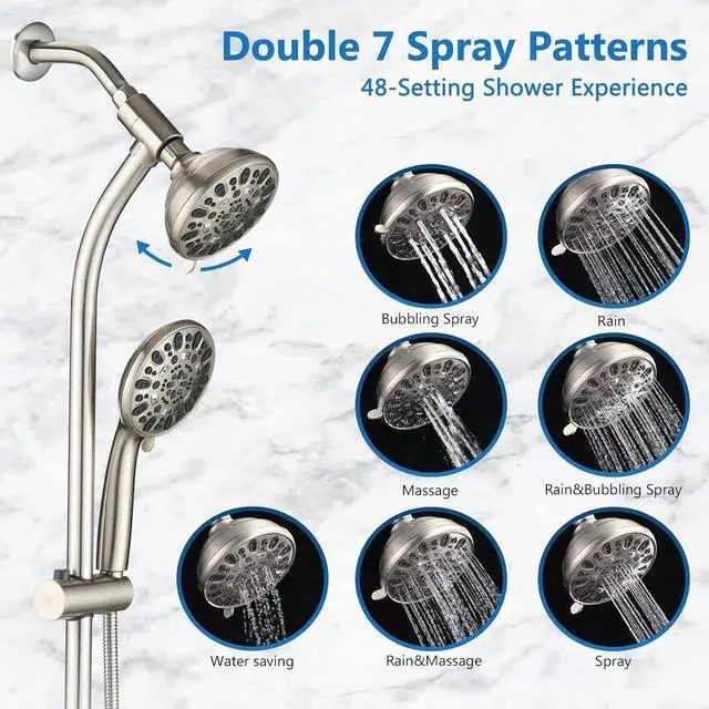 Alt view image 4 of 7 - High Pressure 48-Settings Shower Head with Handheld Shower,Drill-Free 3-Way Diverter for Easy Reach,Adjustable Height Slide Bar Dual Shower Head Combo Set - Brushed Nickel