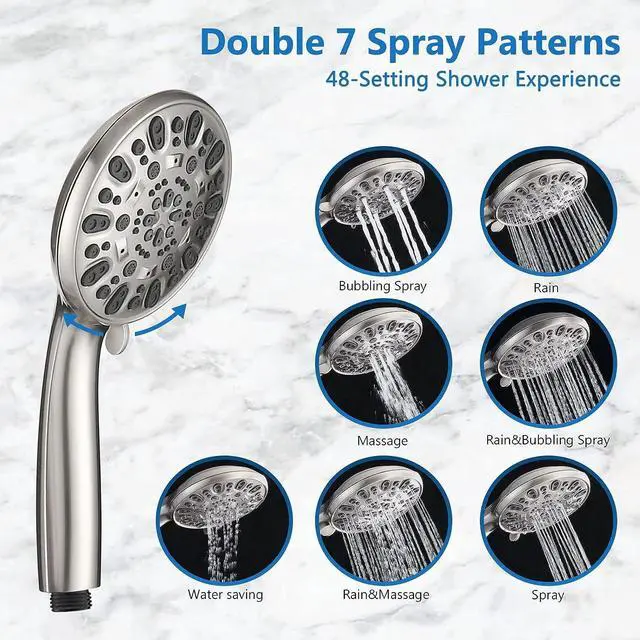 Alt view image 5 of 7 - High Pressure 48-Settings Shower Head with Handheld Shower,Drill-Free 3-Way Diverter for Easy Reach,Adjustable Height Slide Bar Dual Shower Head Combo Set - Brushed Nickel