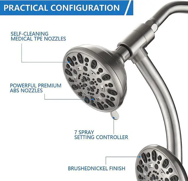 Alt view image 6 of 7 - High Pressure 48-Settings Shower Head with Handheld Shower,Drill-Free 3-Way Diverter for Easy Reach,Adjustable Height Slide Bar Dual Shower Head Combo Set - Brushed Nickel
