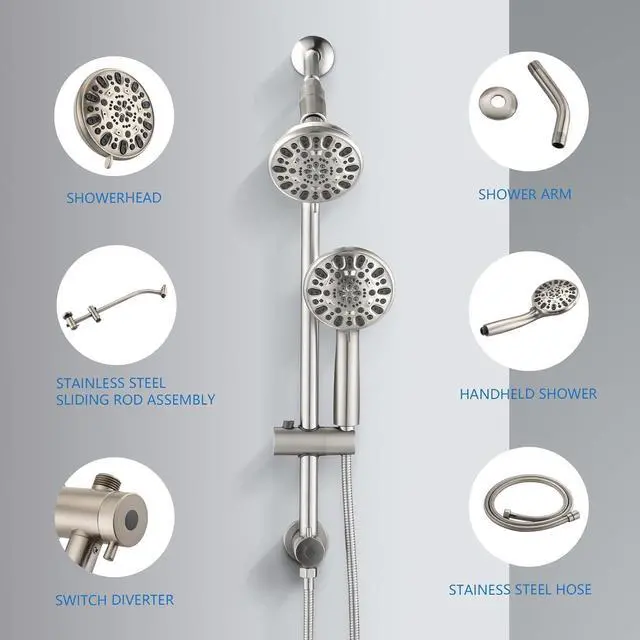 Alt view image 7 of 7 - High Pressure 48-Settings Shower Head with Handheld Shower,Drill-Free 3-Way Diverter for Easy Reach,Adjustable Height Slide Bar Dual Shower Head Combo Set - Chrome