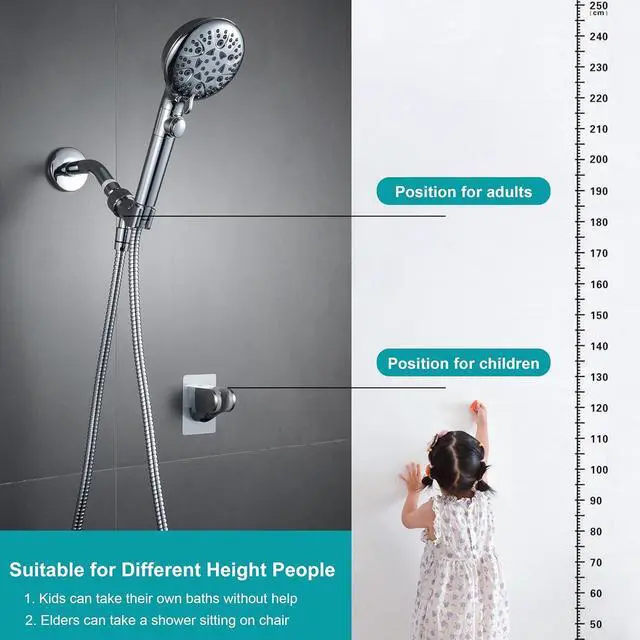 Alt view image 2 of 7 - GwernKB Handheld Shower Head with On Off Switch 8-Mode High Pressure Showerhead with 79 Inches Extra-long Stainless Steel Hose and Bracket PLUS Extra Low-Reach Adhesive Wall Mount for Kids,Silver