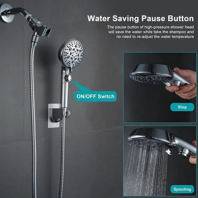 Alt view image 3 of 7 - GwernKB Handheld Shower Head with On Off Switch 8-Mode High Pressure Showerhead with 79 Inches Extra-long Stainless Steel Hose and Bracket PLUS Extra Low-Reach Adhesive Wall Mount for Kids,Silver