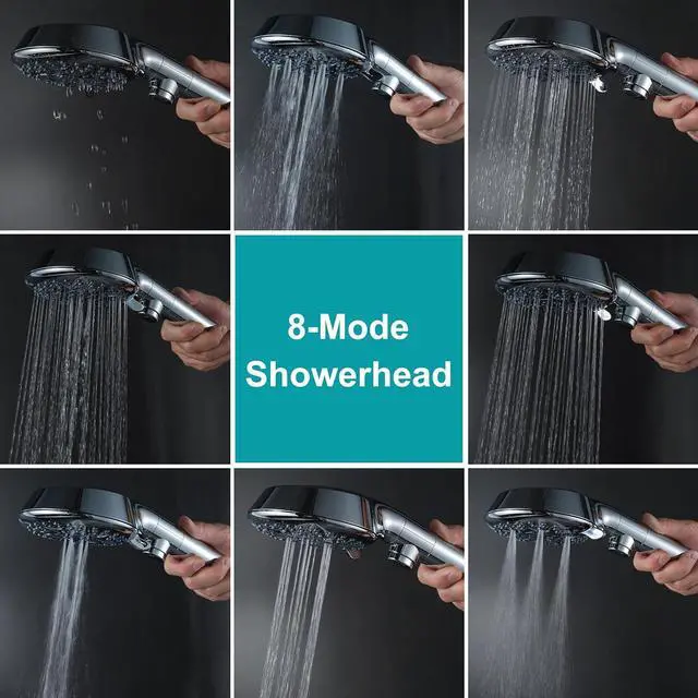 Alt view image 4 of 7 - GwernKB Handheld Shower Head with On Off Switch 8-Mode High Pressure Showerhead with 79 Inches Extra-long Stainless Steel Hose and Bracket PLUS Extra Low-Reach Adhesive Wall Mount for Kids,Silver