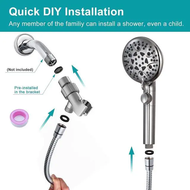 Alt view image 6 of 7 - GwernKB Handheld Shower Head with On Off Switch 8-Mode High Pressure Showerhead with 79 Inches Extra-long Stainless Steel Hose and Bracket PLUS Extra Low-Reach Adhesive Wall Mount for Kids,Silver