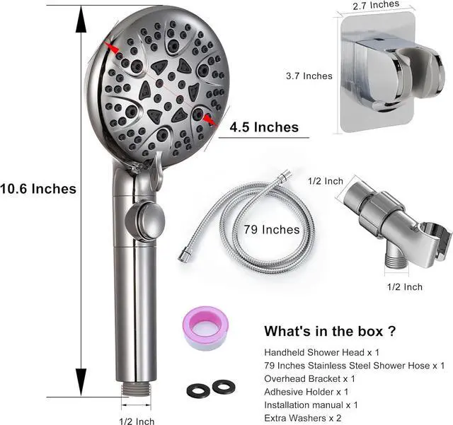 Alt view image 7 of 7 - GwernKB Handheld Shower Head with On Off Switch 8-Mode High Pressure Showerhead with 79 Inches Extra-long Stainless Steel Hose and Bracket PLUS Extra Low-Reach Adhesive Wall Mount for Kids,Silver