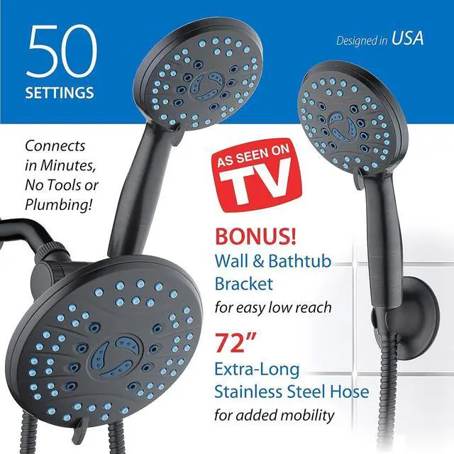 Alt view image 6 of 7 - Hotel Spa AquaCare As-Seen-On-TV High Pressure 50-mode Rain & Handheld 3-way Shower Head Combo - Anti-clog Nozzles/Tub, Tile & Pet Power Wash/Extra Long 6 ft. Stainless Steel Hose/ORB Bronze Finish