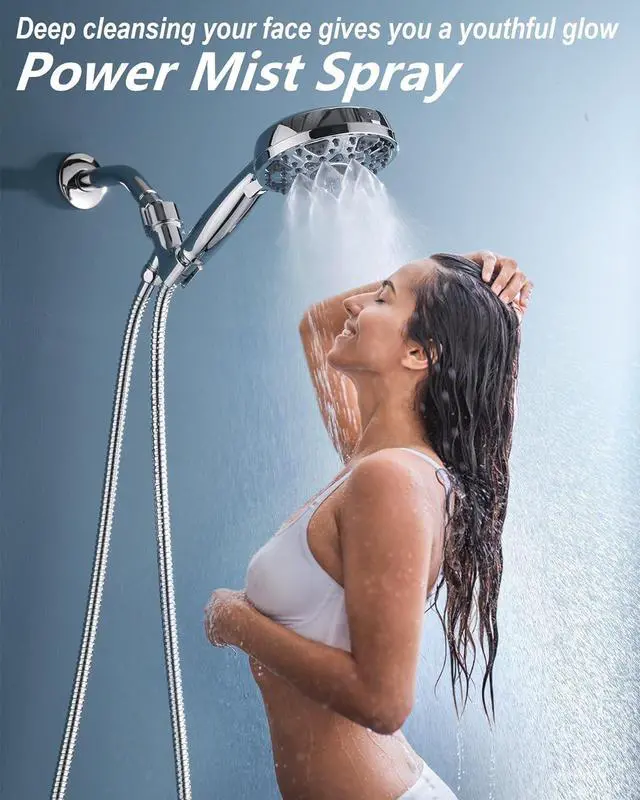 Alt view image 2 of 7 - Shower Head With Handheld 7 Settings High Pressure, Built-in Power Wash to Clear Tub, Tile & Pets, 5" High Powerful Hand Held Rain Showerhead with Stainless Steel Hose and Adjustable Bracket