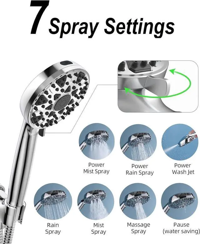 Alt view image 3 of 7 - Shower Head With Handheld 7 Settings High Pressure, Built-in Power Wash to Clear Tub, Tile & Pets, 5" High Powerful Hand Held Rain Showerhead with Stainless Steel Hose and Adjustable Bracket