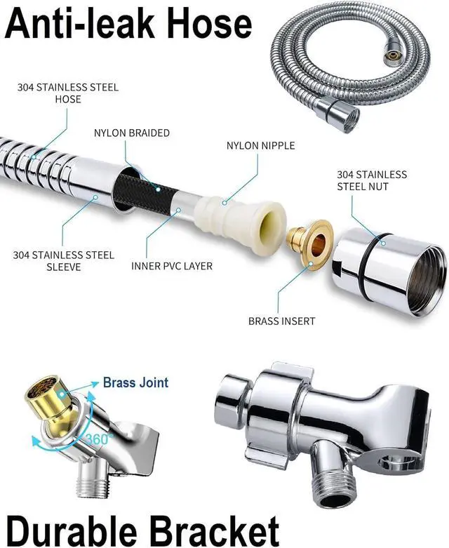 Alt view image 6 of 7 - Shower Head With Handheld 7 Settings High Pressure, Built-in Power Wash to Clear Tub, Tile & Pets, 5" High Powerful Hand Held Rain Showerhead with Stainless Steel Hose and Adjustable Bracket