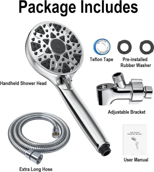 Alt view image 7 of 7 - Shower Head With Handheld 7 Settings High Pressure, Built-in Power Wash to Clear Tub, Tile & Pets, 5" High Powerful Hand Held Rain Showerhead with Stainless Steel Hose and Adjustable Bracket