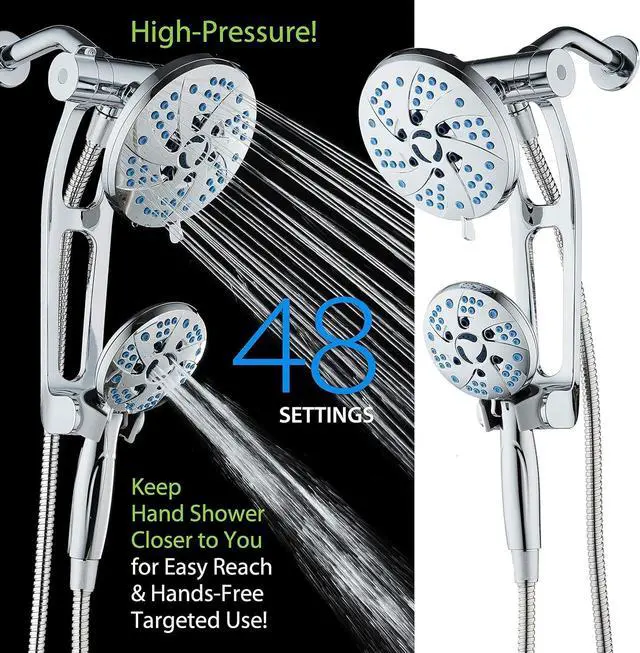 Alt view image 3 of 7 - Hotel Spa AquaCare Spa Station High Pressure 48-mode Rain & Handheld 3-way Shower Head Combo with Adjustable Arm - Anti-clog Nozzles, Extra-long 6 ft Stainless Steel Hose/All Chrome Finish