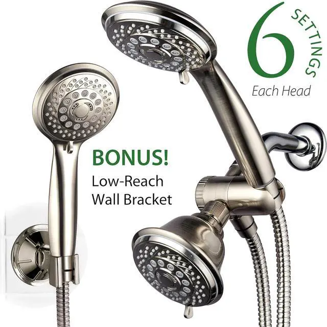 Alt view image 2 of 7 - Hotel Spa AquaSpa 6-in-1 High-Pressure Shower Head/Hand Held Showerhead Combo with Two Overhead and Low-Reach Wall Brackets, 3-way Water Diverter & Stainless Steel Hose/Brushed Nickel Finish