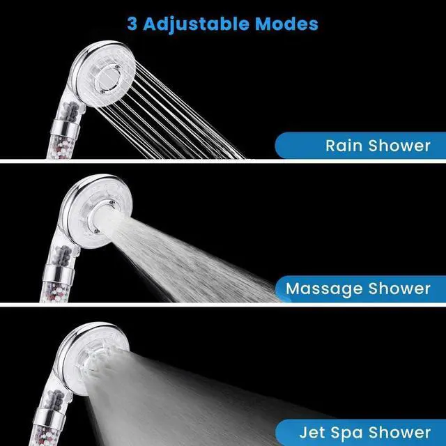 Alt view image 3 of 6 - PRUGNA Filter Shower Head with Hose and Shower Arm Bracket, High Pressure & Water Saving Handheld Shower, 3-Settings and Water Stop Mode Filter Showerhead for Dry Hair & Skin SPA