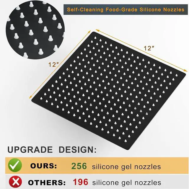 Alt view image 3 of 7 - BESy 12 Inch Rain Shower Head, 12" Square Rainfall & High Pressure Stainless Steel Bath Showerhead, 1/16" Ultra Thin, Waterfall Full Body Coverage with Silicone Nozzle, Matte Black Finish