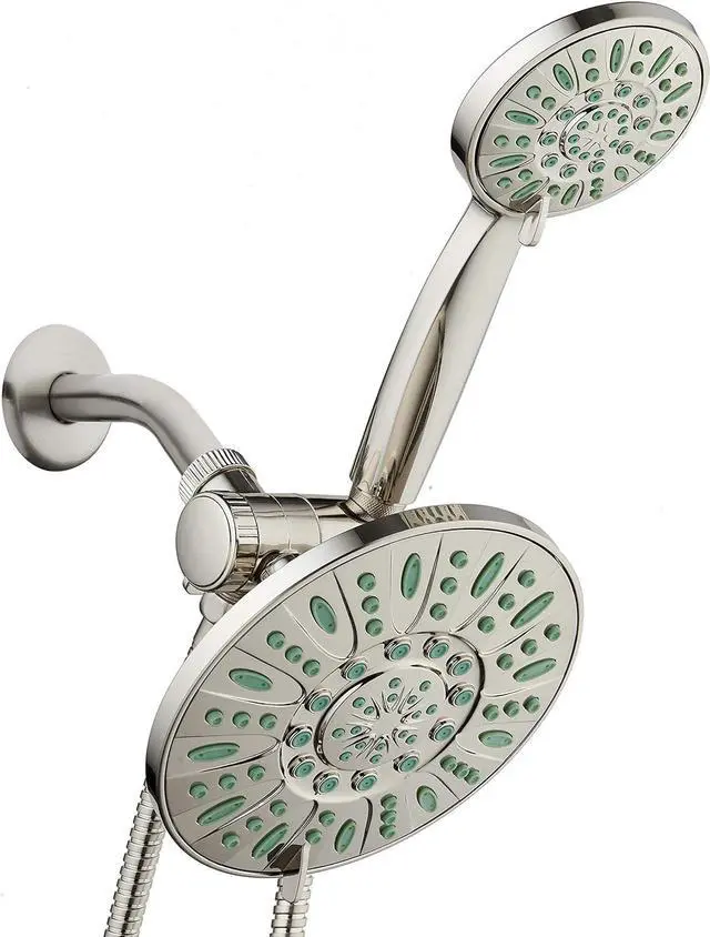 Main image of AquaDance Antimicrobial/Anti-Clog High-Pressure 30-setting Rainfall Shower Combo, Microban Nozzle Protection from Growth of Mold, Mildew & Bacteria, Brushed Nickel Finish/Coral Green Jets