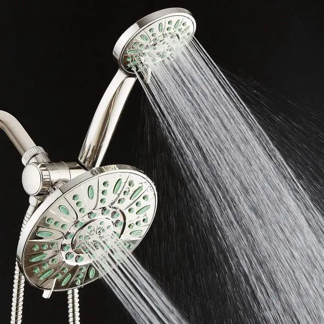 Alt view image 2 of 7 - AquaDance Antimicrobial/Anti-Clog High-Pressure 30-setting Rainfall Shower Combo, Microban Nozzle Protection from Growth of Mold, Mildew & Bacteria, Brushed Nickel Finish/Coral Green Jets