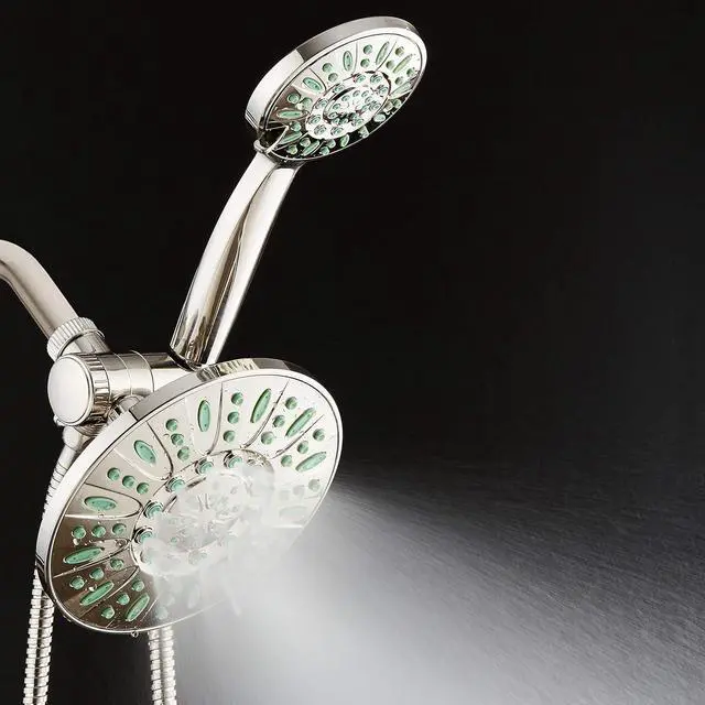Alt view image 6 of 7 - AquaDance Antimicrobial/Anti-Clog High-Pressure 30-setting Rainfall Shower Combo, Microban Nozzle Protection from Growth of Mold, Mildew & Bacteria, Brushed Nickel Finish/Coral Green Jets