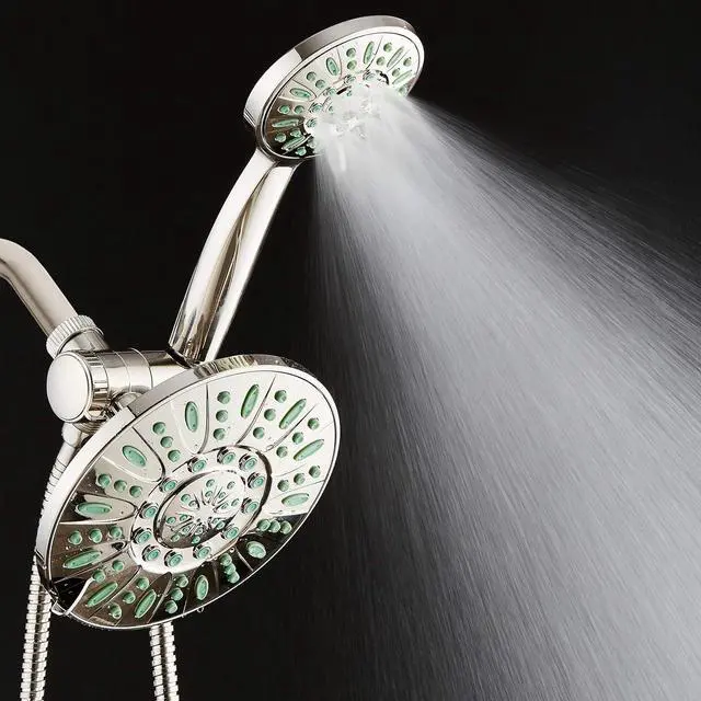 Alt view image 7 of 7 - AquaDance Antimicrobial/Anti-Clog High-Pressure 30-setting Rainfall Shower Combo, Microban Nozzle Protection from Growth of Mold, Mildew & Bacteria, Brushed Nickel Finish/Coral Green Jets