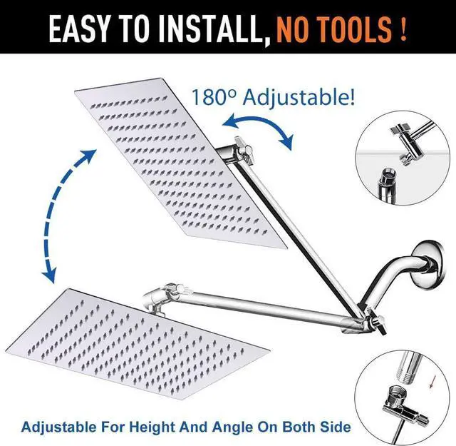 Alt view image 5 of 7 - HarJue High Pressure Large Stainless Steel Square Rain ShowerHead With Shower Arm Waterfall Full Body Coverage Easy to Clean and Install (12 Inch With Arm, Chrome Finish)