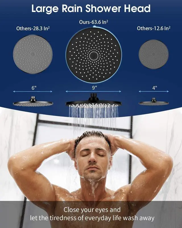 Alt view image 2 of 7 - Rain Shower Head VMASSTONE 9In High Pressure Showerhead - Tool Free Installation- with Large Spray Surfaces and 200 Nozzles for Delicate and Unstimulate Shower Experience (EM-001 Matte Black/Black)