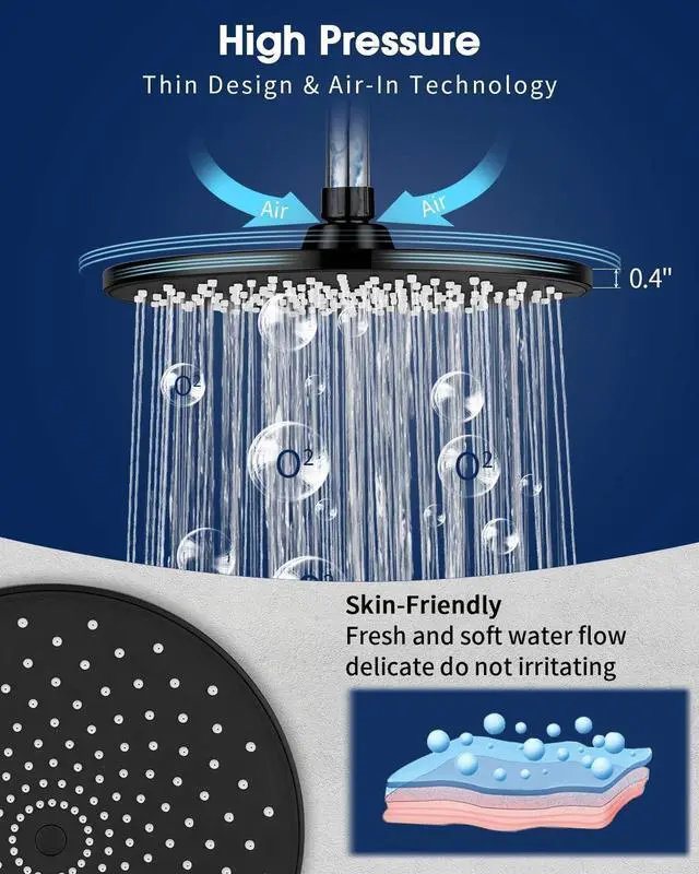 Alt view image 3 of 7 - Rain Shower Head VMASSTONE 9In High Pressure Showerhead - Tool Free Installation- with Large Spray Surfaces and 200 Nozzles for Delicate and Unstimulate Shower Experience (EM-001 Matte Black/Black)