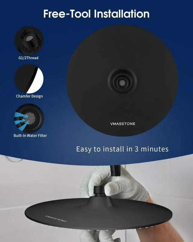 Alt view image 4 of 7 - Rain Shower Head VMASSTONE 9In High Pressure Showerhead - Tool Free Installation- with Large Spray Surfaces and 200 Nozzles for Delicate and Unstimulate Shower Experience (EM-001 Matte Black/Black)
