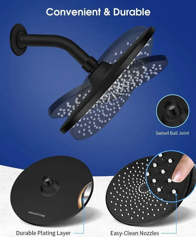 Alt view image 5 of 7 - Rain Shower Head VMASSTONE 9In High Pressure Showerhead - Tool Free Installation- with Large Spray Surfaces and 200 Nozzles for Delicate and Unstimulate Shower Experience (EM-001 Matte Black/Black)