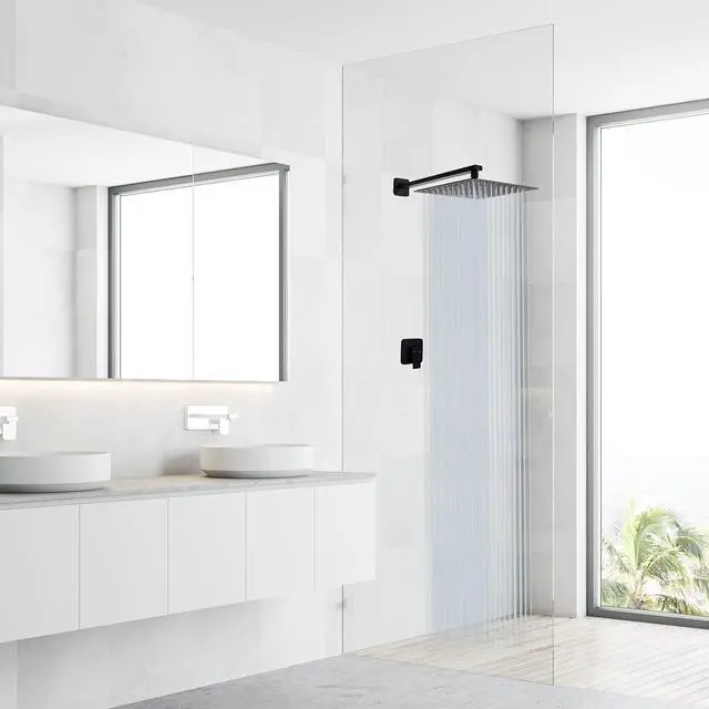 Alt view image 2 of 7 - Rain Shower Head Black with Extension Arm 12 Inch Square Shower Head with 16 Inch Shower Arm Large Stainless Steel Rainfall Showerhead Matte Black Waterfall Full Body Coverage by GGStudy