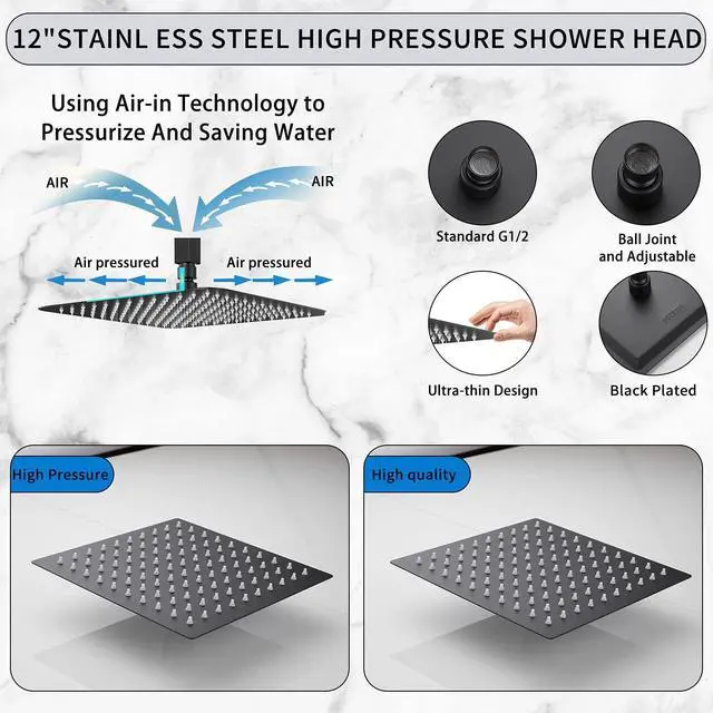 Alt view image 5 of 7 - Rain Shower Head Black with Extension Arm 12 Inch Square Shower Head with 16 Inch Shower Arm Large Stainless Steel Rainfall Showerhead Matte Black Waterfall Full Body Coverage by GGStudy