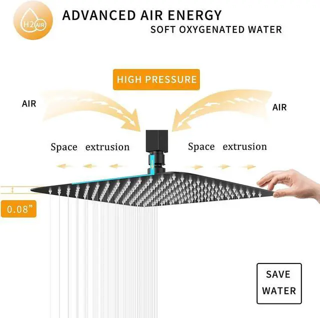 Alt view image 7 of 7 - Rain Shower Head Black with Extension Arm 12 Inch Square Shower Head with 16 Inch Shower Arm Large Stainless Steel Rainfall Showerhead Matte Black Waterfall Full Body Coverage by GGStudy