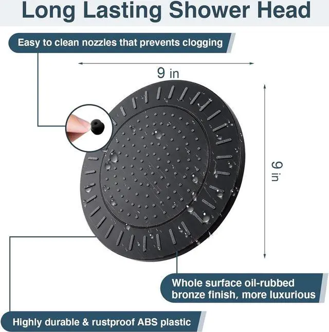 Alt view image 2 of 7 - BRIGHT SHOWERS Rain Shower Head, 9 Inch High Pressure Waterfall Showerhead with Adjustable Angle and Anti-clogging Silicone Nozzles, Luxury Bathroom Overhead Shower, Oil-Rubbed Bronze