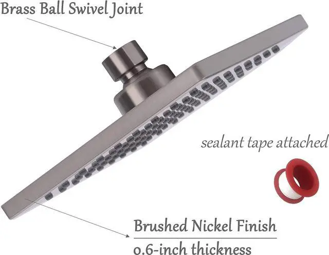 Alt view image 4 of 7 - Luxury Square Rain Shower Head with 6-inch Rainfall Face, Stainless Steel Back, Brass Swivel Joint, Full Brushed Nickel Finish