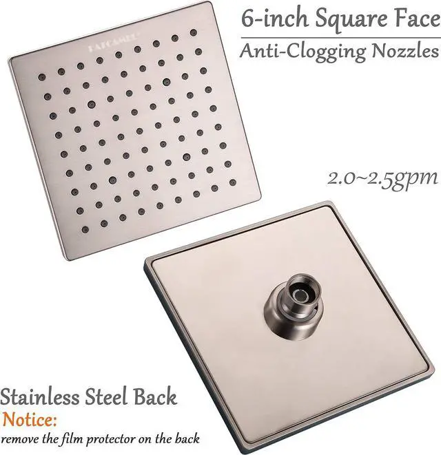 Alt view image 3 of 7 - Luxury Square Rain Shower Head with 6-inch Rainfall Face, Stainless Steel Back, Brass Swivel Joint, Full Brushed Nickel Finish