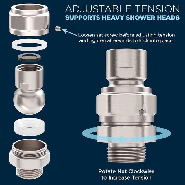 Alt view image 6 of 7 - ? ALL METAL Shower Head Swivel Ball Adapter Brushed Nickel | Adjustable Pivot Ball To Adjust Showerhead Angle | Universal Connector Joint Fits Fixed Hand Held & Rain Shower Heads
