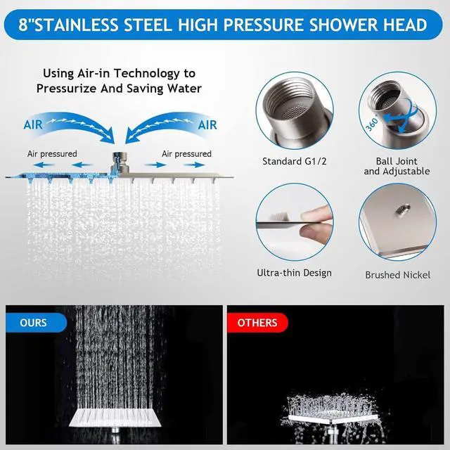 Alt view image 4 of 7 - Shower Head Combo(Brushed Nickel),8 Inch High Pressure Rain Shower Head with 11 Inch Adjustable Extension Arm and 5 Settings Handheld Shower Head Combo,Powerful Shower Spray Against Low Pressure Water