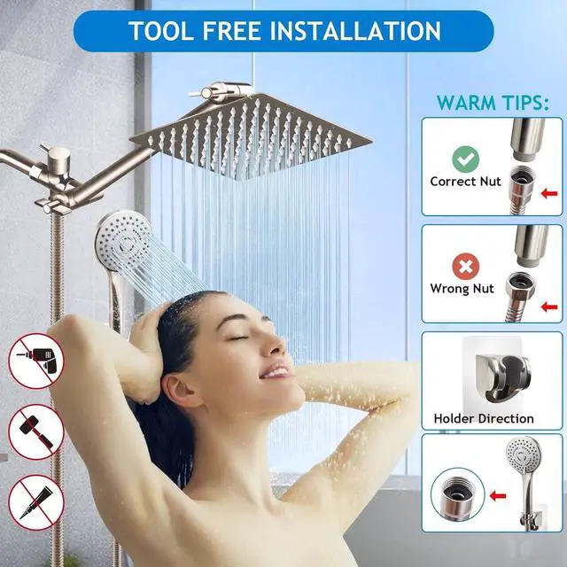 Alt view image 6 of 7 - Shower Head Combo(Brushed Nickel),8 Inch High Pressure Rain Shower Head with 11 Inch Adjustable Extension Arm and 5 Settings Handheld Shower Head Combo,Powerful Shower Spray Against Low Pressure Water