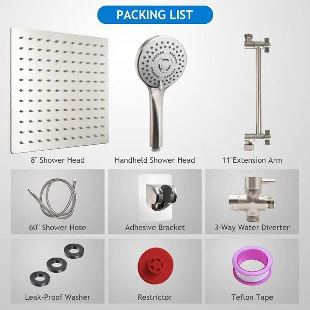 Alt view image 7 of 7 - Shower Head Combo(Brushed Nickel),8 Inch High Pressure Rain Shower Head with 11 Inch Adjustable Extension Arm and 5 Settings Handheld Shower Head Combo,Powerful Shower Spray Against Low Pressure Water