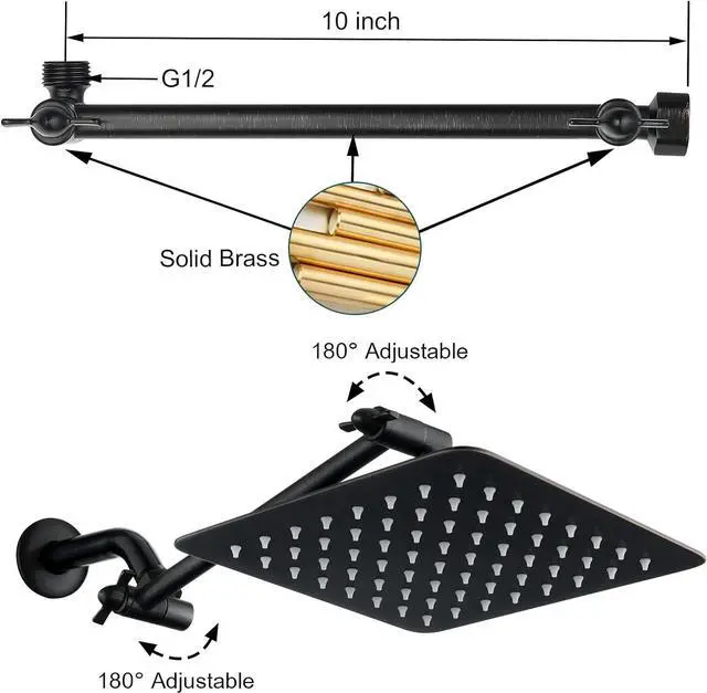 Alt view image 5 of 7 - BRIGHT SHOWERS Rain Shower Head with 10 Inch Adjustable Extension Arm Combo, 8 Inch High Pressure Stainless Steel Rainfall Showerhead, Ultra Thin Square Design Easy to Install, Oil-Rubbed Bronze