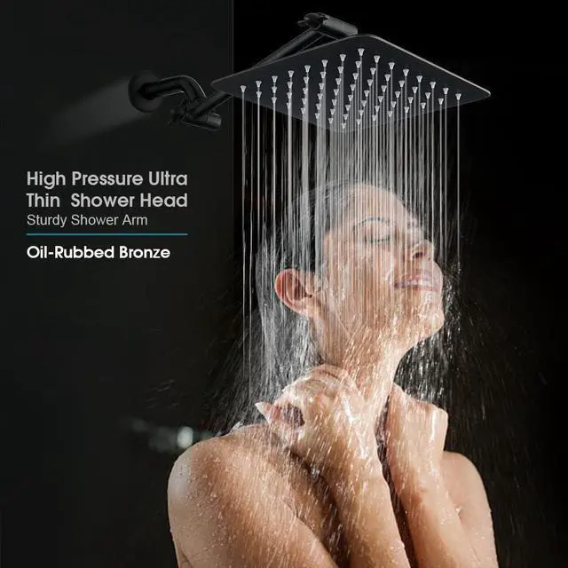 Alt view image 7 of 7 - BRIGHT SHOWERS Rain Shower Head with 10 Inch Adjustable Extension Arm Combo, 8 Inch High Pressure Stainless Steel Rainfall Showerhead, Ultra Thin Square Design Easy to Install, Oil-Rubbed Bronze