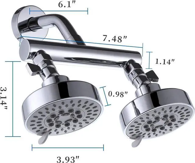 Alt view image 3 of 7 - AZOS Double Shower Head with Shut-Off Valve, Bathathroom High Pressure Dual Fixed Rain Shower Head Combo with Brass Dual Outlet Manifold, Adjustable 5 Function Showerhead Chrome