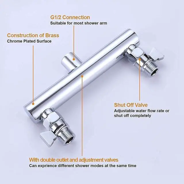 Alt view image 7 of 7 - AZOS Double Shower Head with Shut-Off Valve, Bathathroom High Pressure Dual Fixed Rain Shower Head Combo with Brass Dual Outlet Manifold, Adjustable 5 Function Showerhead Chrome