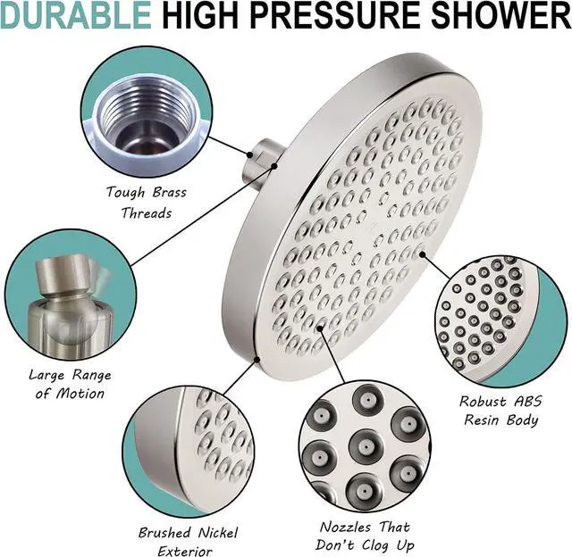 Alt view image 4 of 5 - Aqua Elegante High Pressure Rain Shower Head - 6 Inch Luxury Rainfall Showerhead - Great Flow And Best Overhead With Adjustable Extension Arm, 1.8 GPM - Brushed Nickel & California Certified