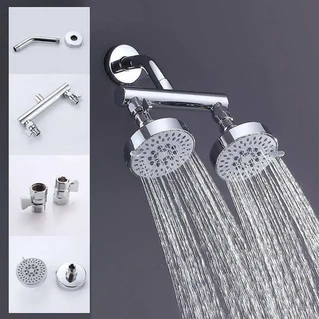 Alt view image 4 of 7 - AZOS Double Shower Head with Shut-Off Valve, Bathathroom High Pressure Dual Fixed Rain Shower Head Combo with Brass Dual Outlet Manifold, Adjustable 5 Function Showerhead Chrome