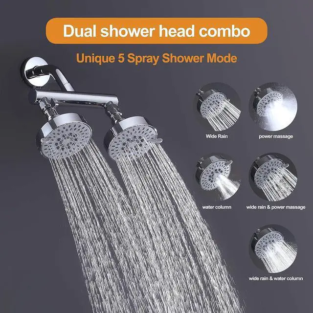 Alt view image 5 of 7 - AZOS Double Shower Head with Shut-Off Valve, Bathathroom High Pressure Dual Fixed Rain Shower Head Combo with Brass Dual Outlet Manifold, Adjustable 5 Function Showerhead Chrome