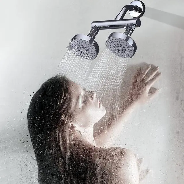 Alt view image 2 of 7 - AZOS Double Shower Head with Shut-Off Valve, Bathathroom High Pressure Dual Fixed Rain Shower Head Combo with Brass Dual Outlet Manifold, Adjustable 5 Function Showerhead Chrome