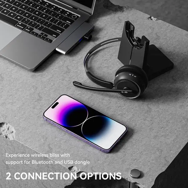 Alt view image 4 of 7 - LEVN Wireless Headset for Work, Bluetooth Headset with Noise Canceling Microphone, 65 Hours Woktime & Mute Button, Wireless Headset with Charging Base, Suitable for Call Center/Office/Work from Home