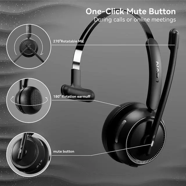 Alt view image 6 of 7 - LEVN Wireless Headset for Work, Bluetooth Headset with Noise Canceling Microphone, 65 Hours Woktime & Mute Button, Wireless Headset with Charging Base, Suitable for Call Center/Office/Work from Home